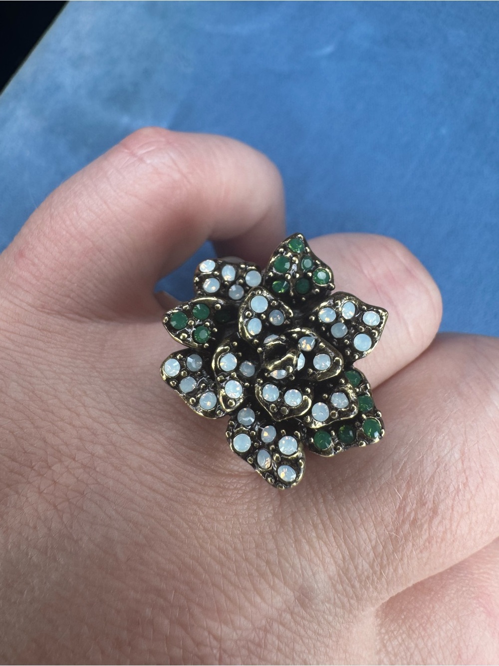 Heidi Daus Multicolor Crystal Floral Cocktail Ring Size 8 Brass Statement